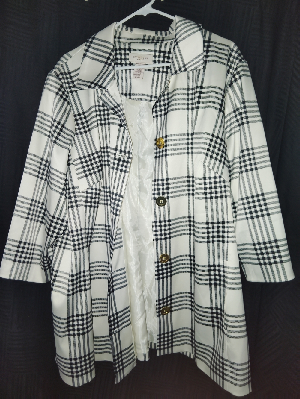 Covington Black & White Plaid Trench Coat with Gold Buttons